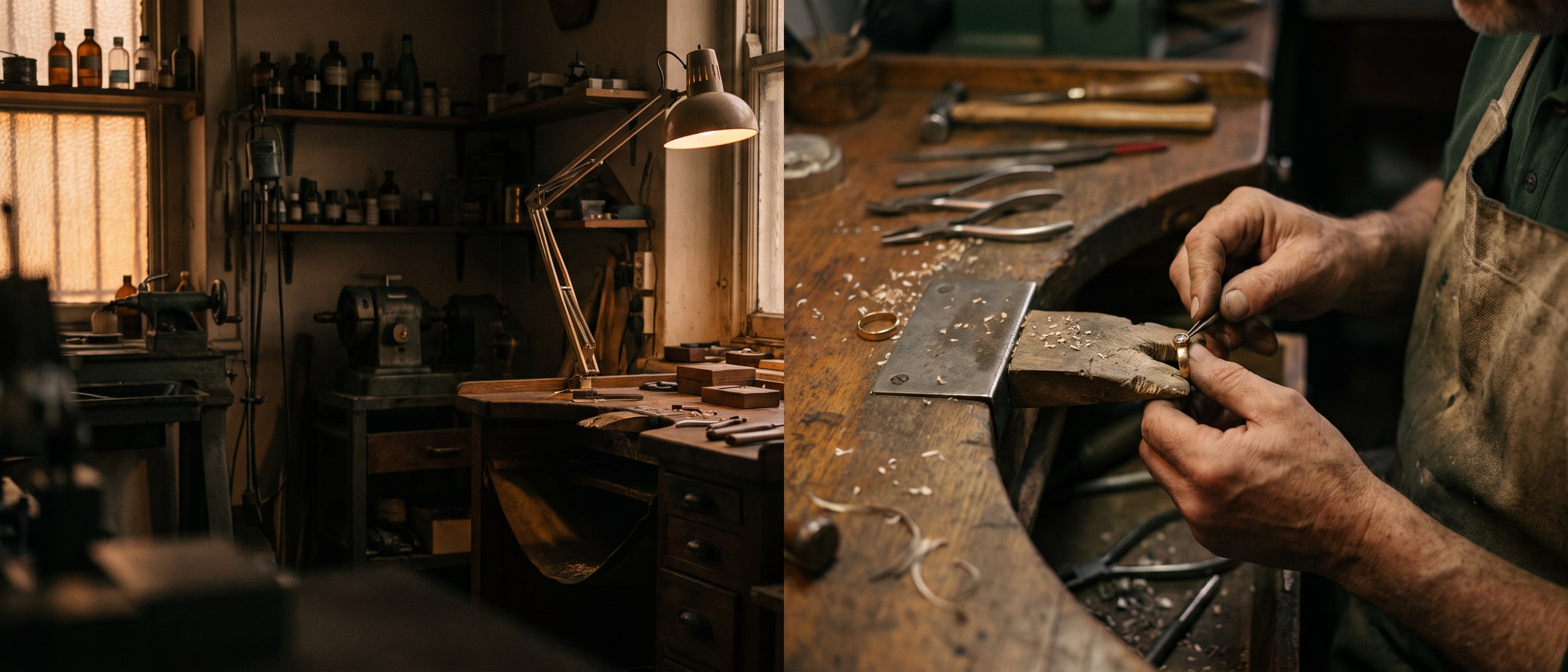 A goldsmith setting a stone into a ring at the bench